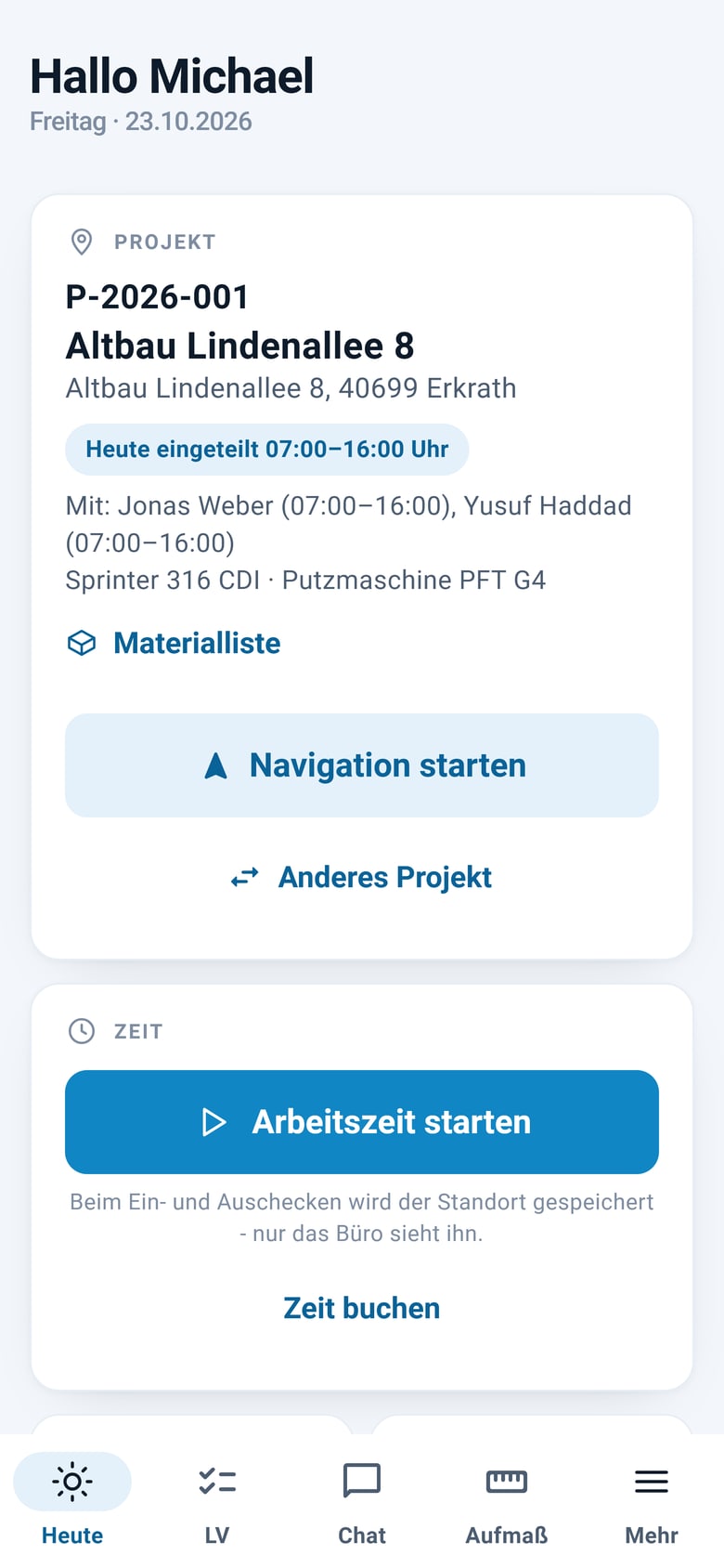 App: Heute mit Projekt und Arbeitszeit
